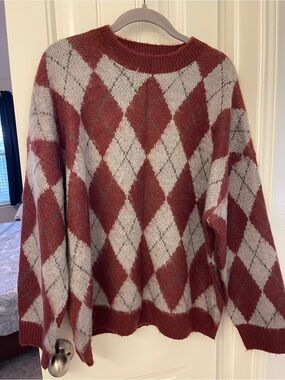 Rust Red Argyle Knit Sweater - Women